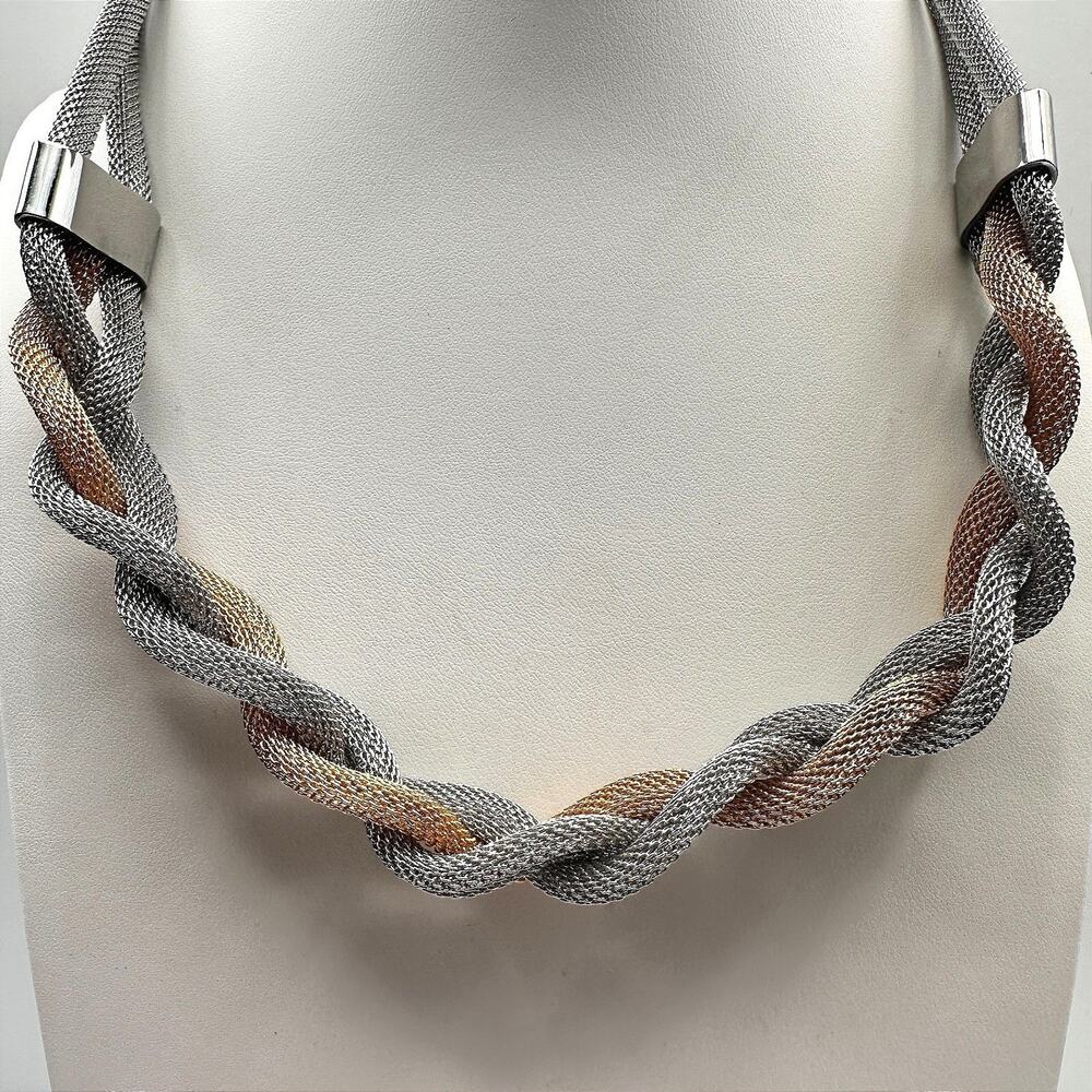 Vintage 90s Two Tone Twisted Mesh Multi-Strand Statement Necklace Jewelry